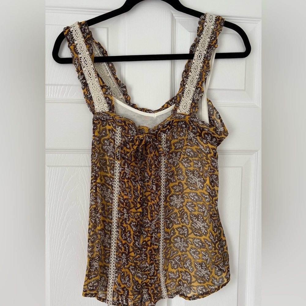 Anthropologie Smocked Tie Front Tank Top in Brown and Gold